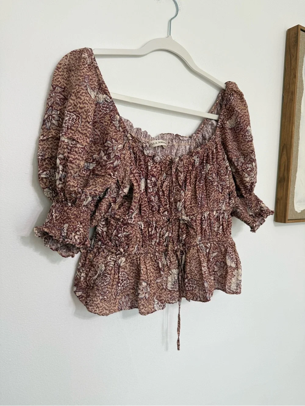 Ulla Johnson Floral Smocked Peplum Puff-Sleeve Top in Dusty Pink
